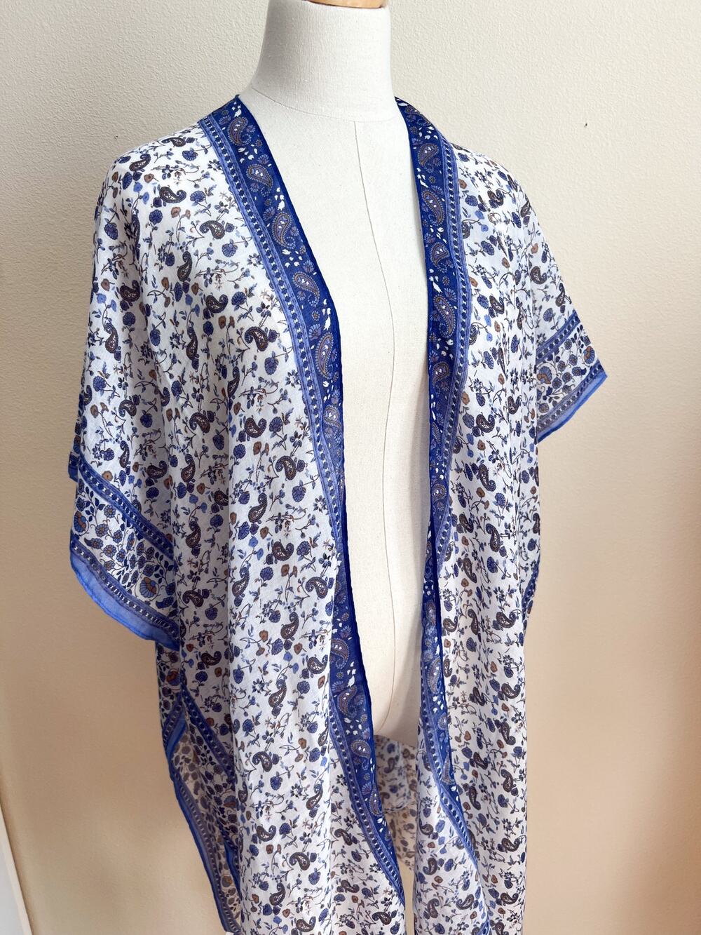 NEW Women's Boho Tassel Blue Paisley Kimono Cardigan OS Lightweight Beachy